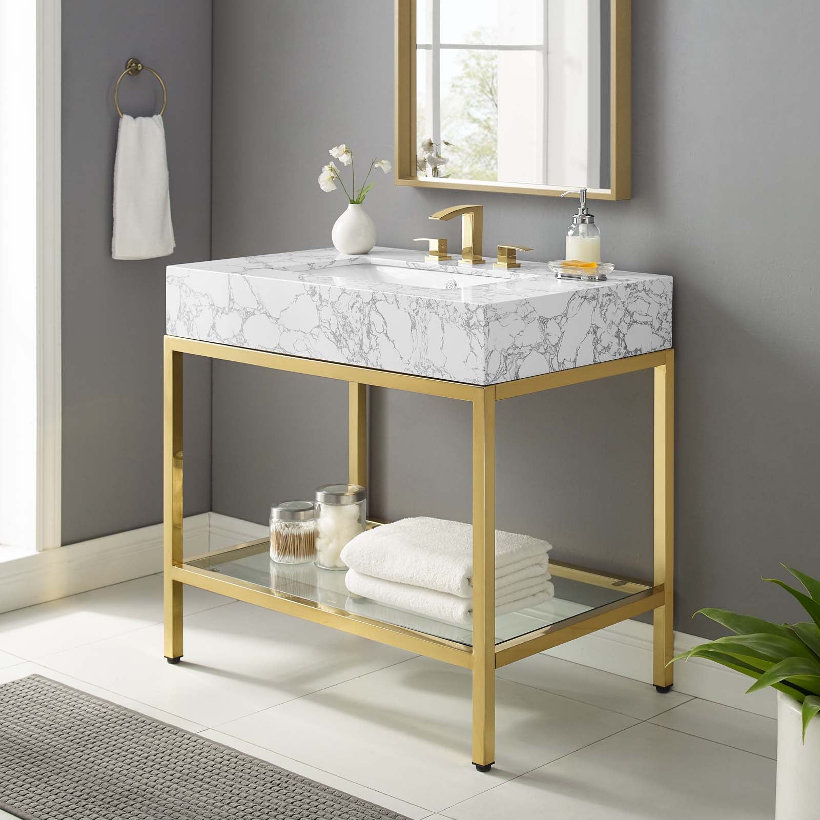 Modway Bathroom Vanity - Kingsley 36" Gold Stainless Steel Bathroom Vanity Gold White