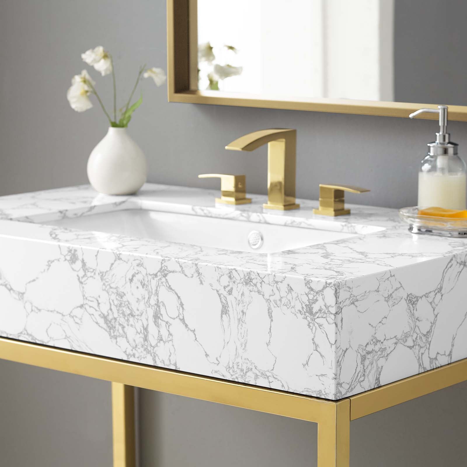 Modway Bathroom Vanity - Kingsley 36" Gold Stainless Steel Bathroom Vanity Gold White