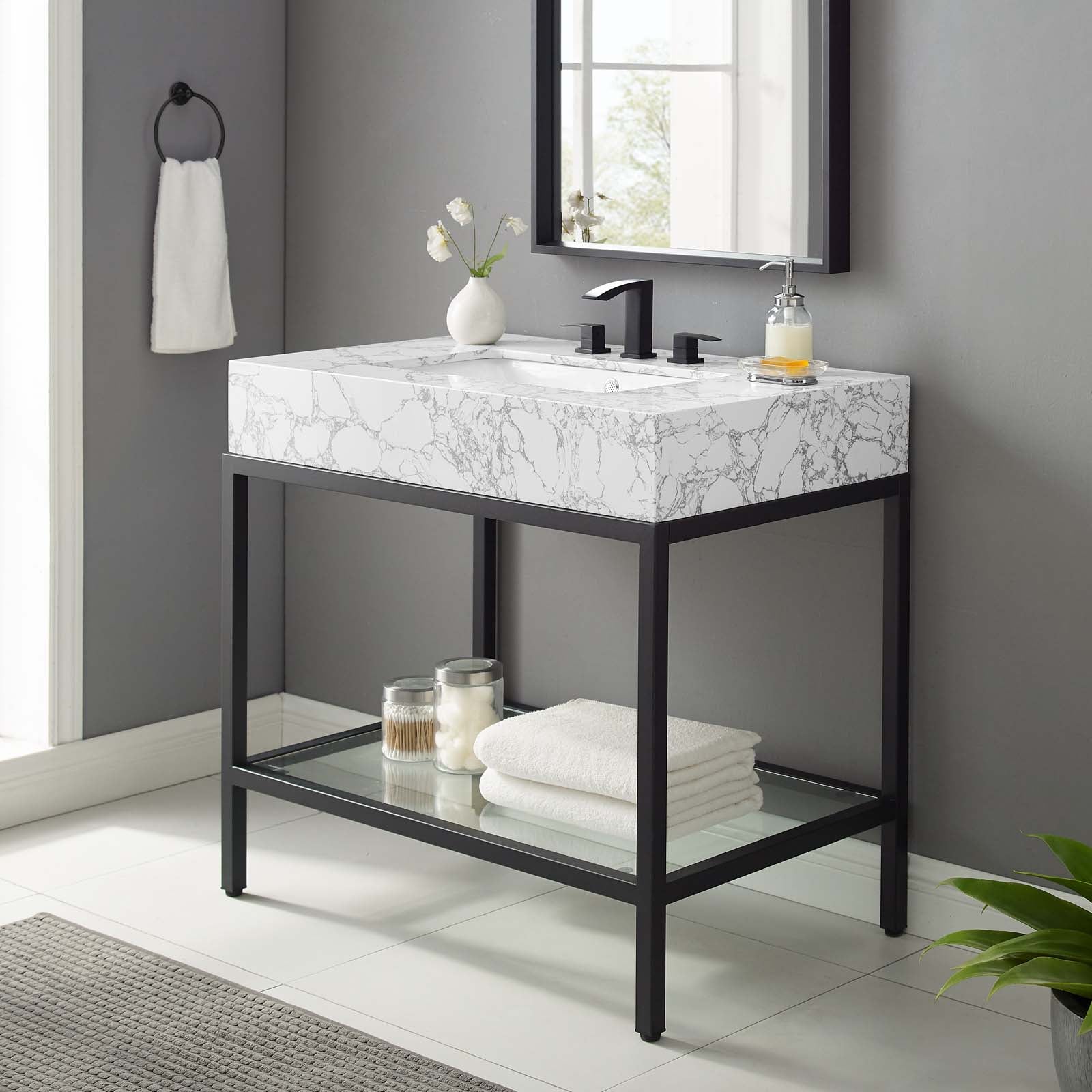 Modway Bathroom Vanity - Kingsley 36" Black Stainless Steel Bathroom Vanity Black White