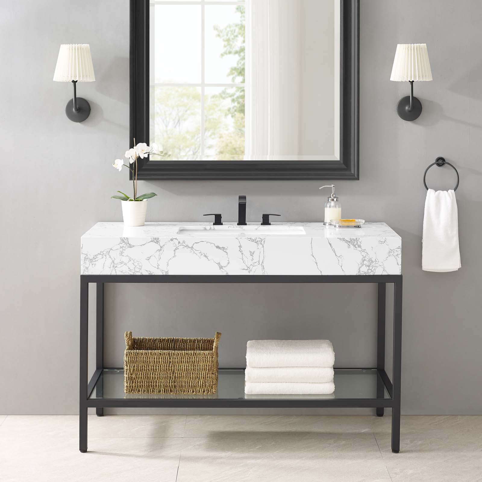 Modway Bathroom Vanity - Kingsley 50" Black Stainless Steel Bathroom Vanity Black White