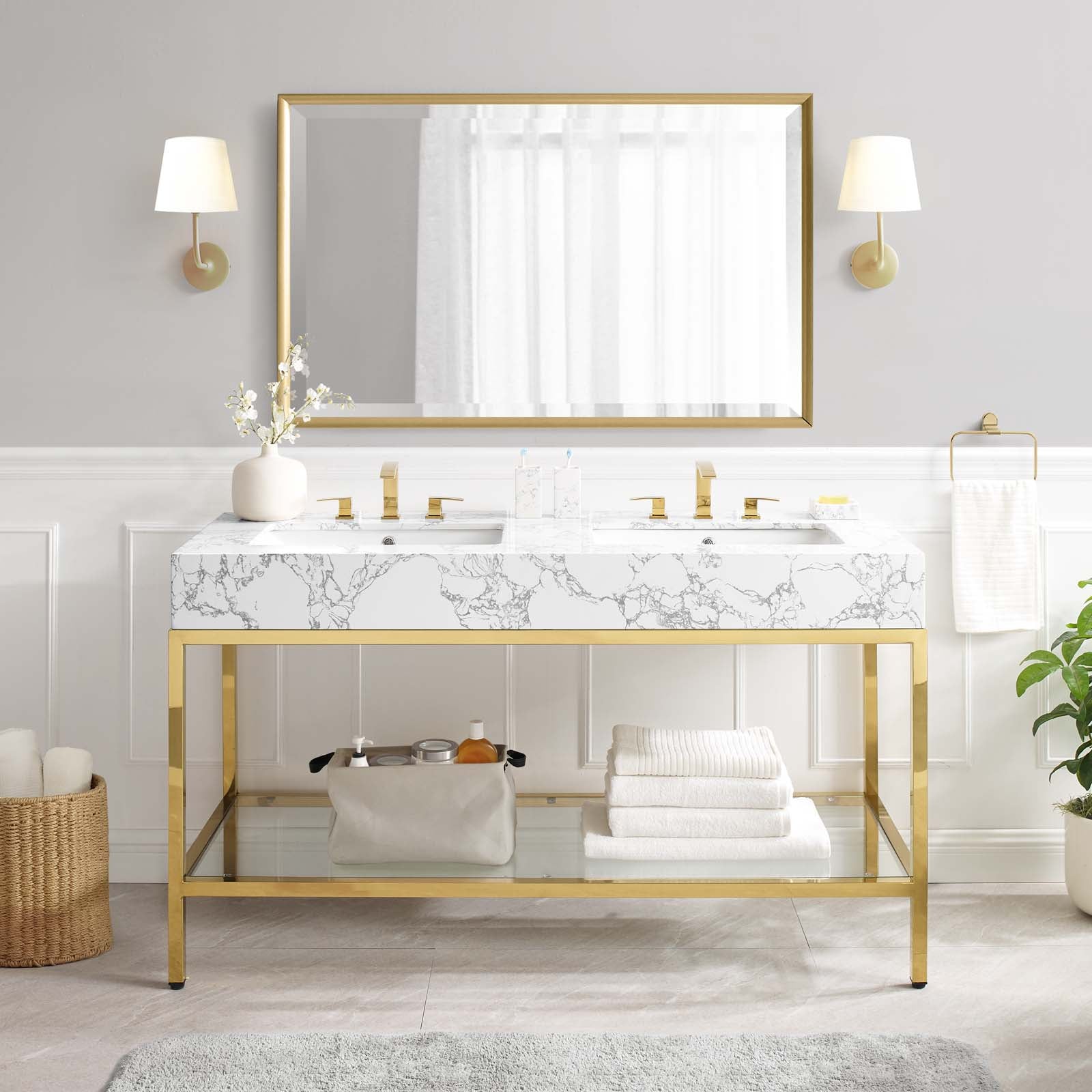 Modway Bathroom Vanity - Kingsley 60" Gold Stainless Steel Bathroom Vanity Gold White