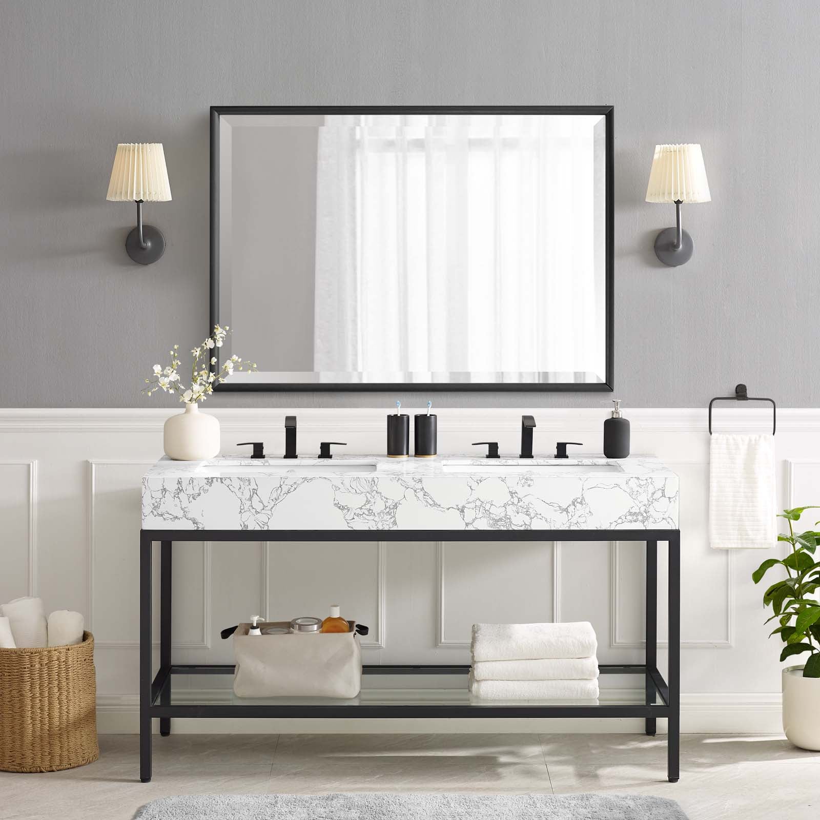 Modway Bathroom Vanity - Kingsley 60" Black Stainless Steel Bathroom Vanity Black White