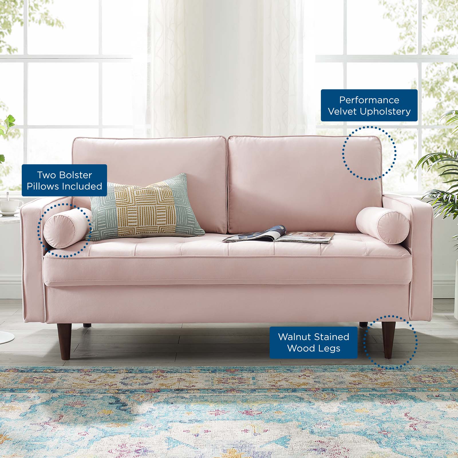 Modway Loveseats - Valour Performance Velvet Loveseat Pink