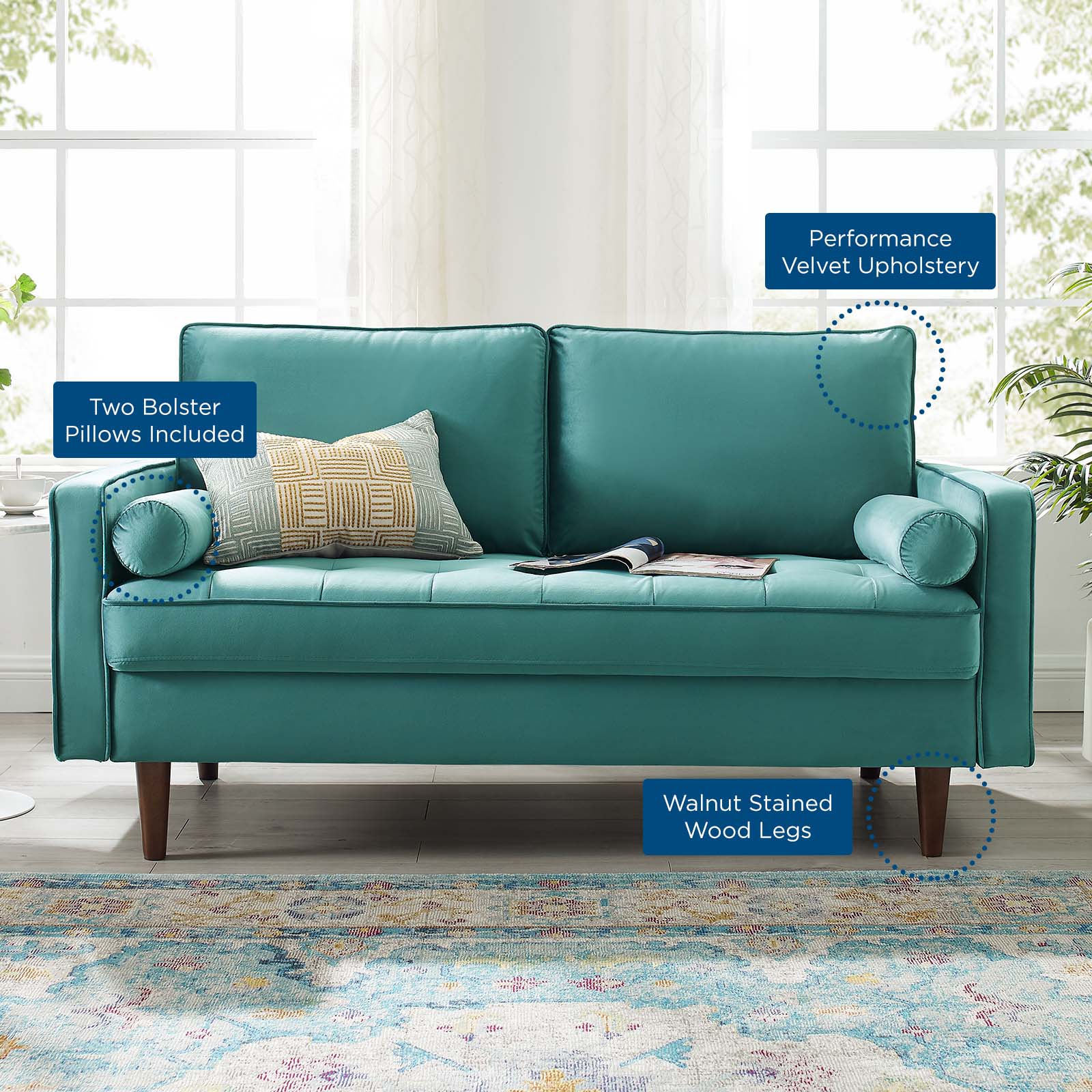 Modway Loveseats - Valour Performance Velvet Loveseat Teal