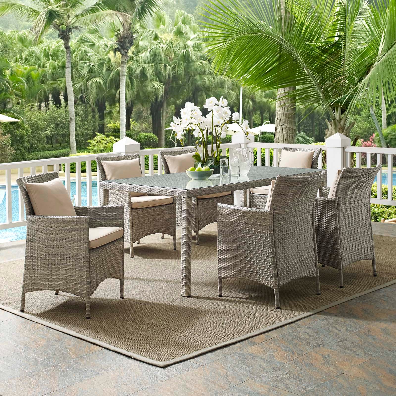 Modway Outdoor Dining Sets - Conduit 7 Piece Outdoor Patio Wicker Rattan Dining Set Light Gray Beige