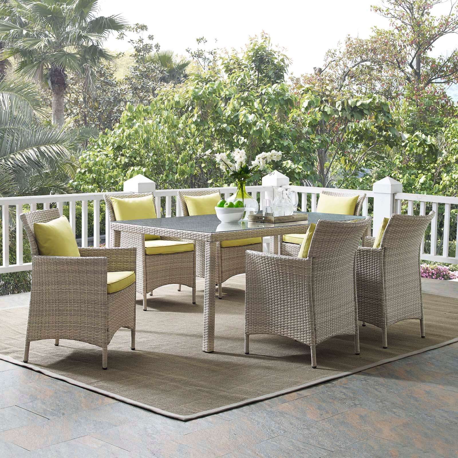 Modway Outdoor Dining Sets - Conduit 7 Piece Outdoor Patio Wicker Rattan Dining Set Light Gray Peridot