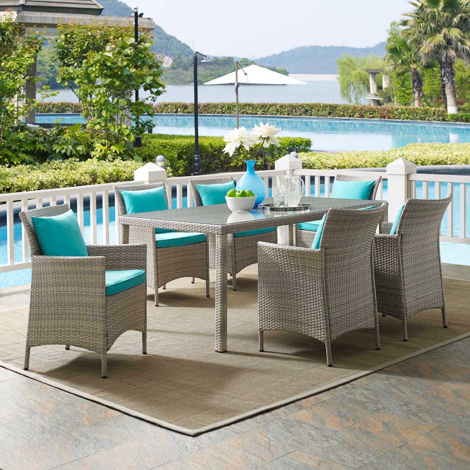 Modway Outdoor Dining Sets - Conduit 7 Piece Outdoor Patio Wicker Rattan Dining Set Light Gray Turquoise