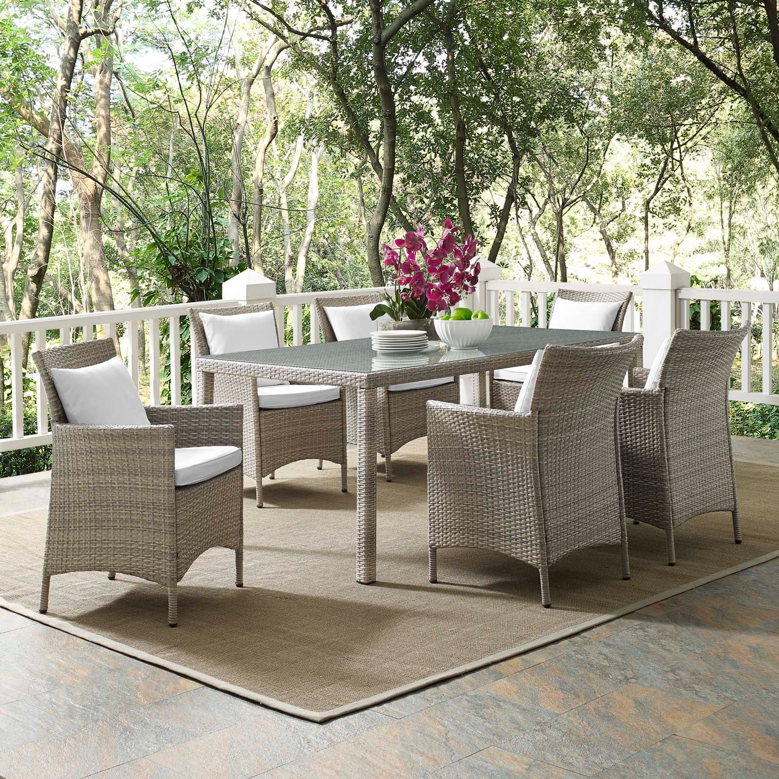 Modway Outdoor Dining Sets - Conduit 7 Piece Outdoor Patio Wicker Rattan Dining Set Light Gray White