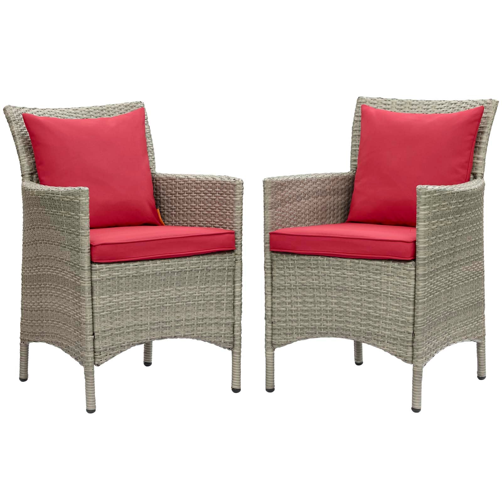 Modway Outdoor Dining Chairs - Conduit Outdoor Patio Wicker Rattan Dining Armchair Set of 2 Light Gray Red