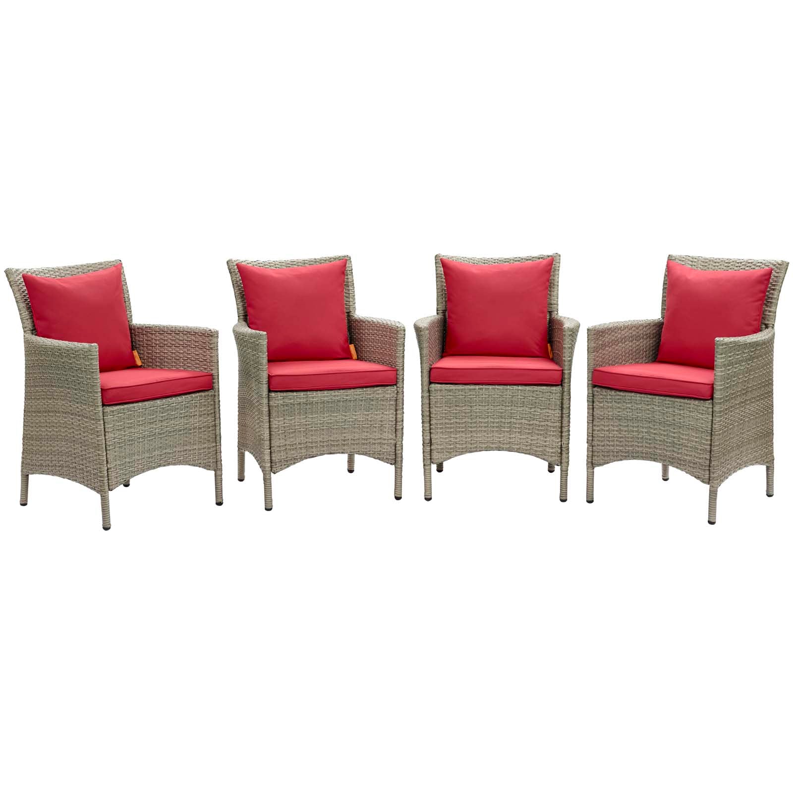 Modway Outdoor Dining Chairs - Conduit Outdoor Patio Wicker Rattan Dining Armchair Set of 4 Light Gray Red