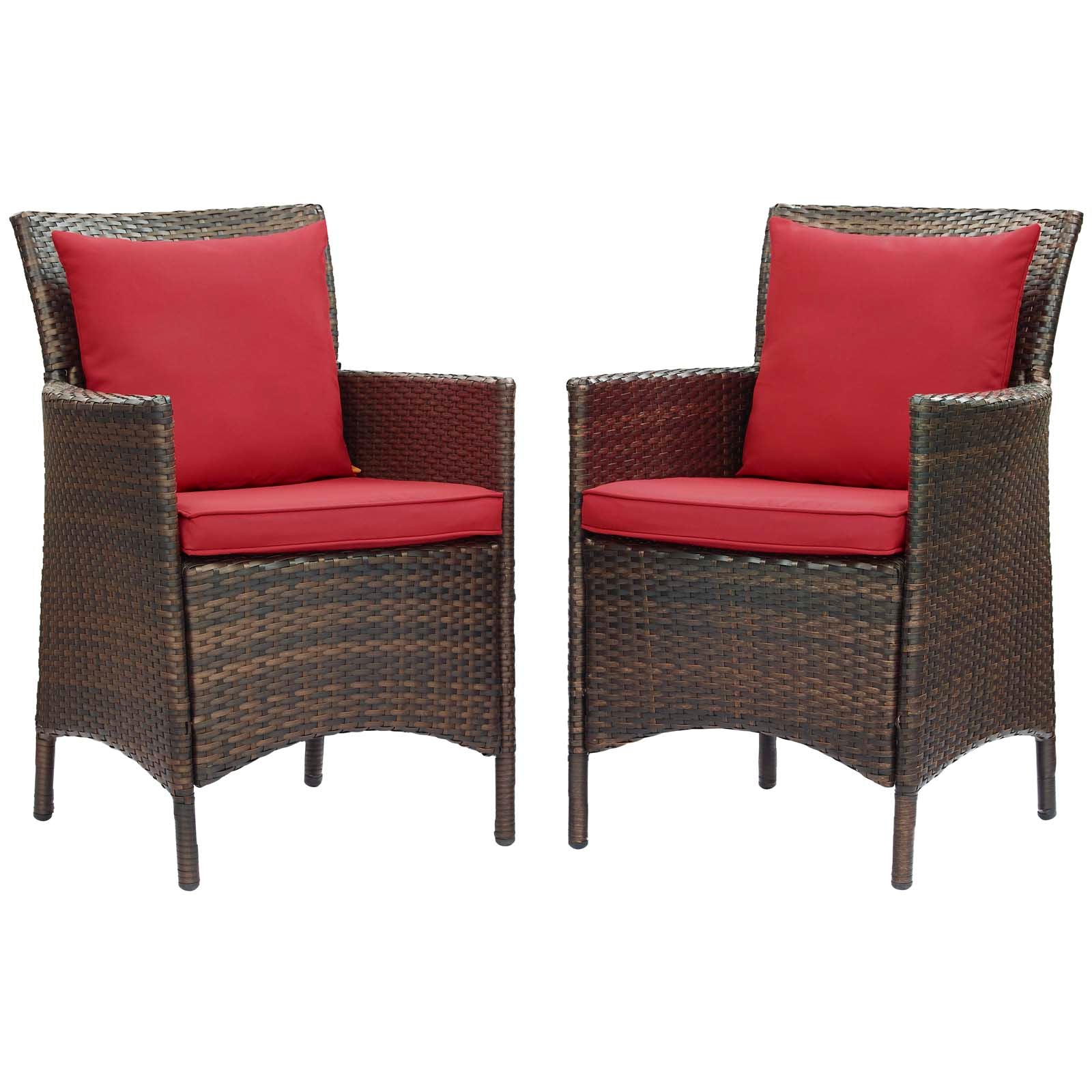 Modway Outdoor Dining Chairs - Conduit Outdoor Patio Wicker Rattan Dining Armchair Set of 2 Brown Red
