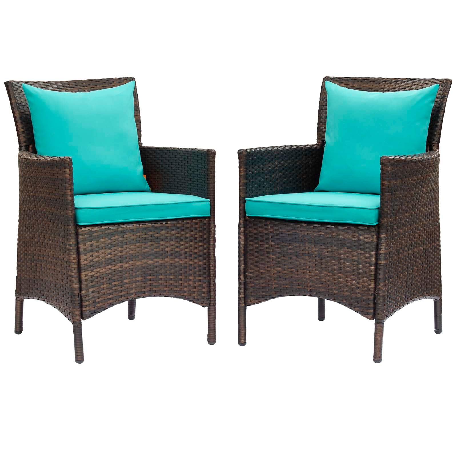 Modway Outdoor Dining Chairs - Conduit Outdoor Patio Wicker Rattan Dining Armchair Set of 2 Brown Turquoise