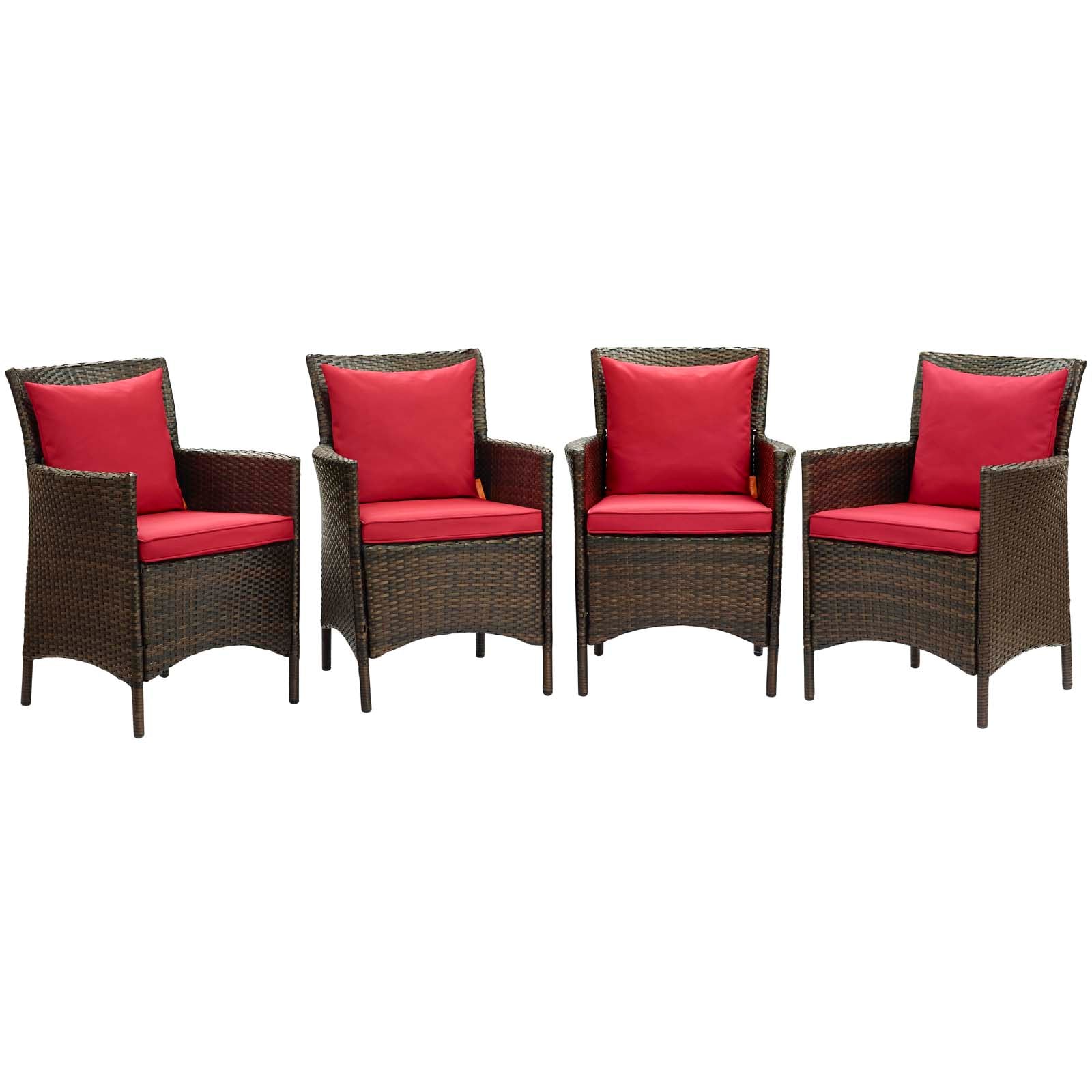 Modway Outdoor Dining Chairs - Conduit Outdoor Patio Wicker Rattan Dining Armchair Set of 4 Brown Red