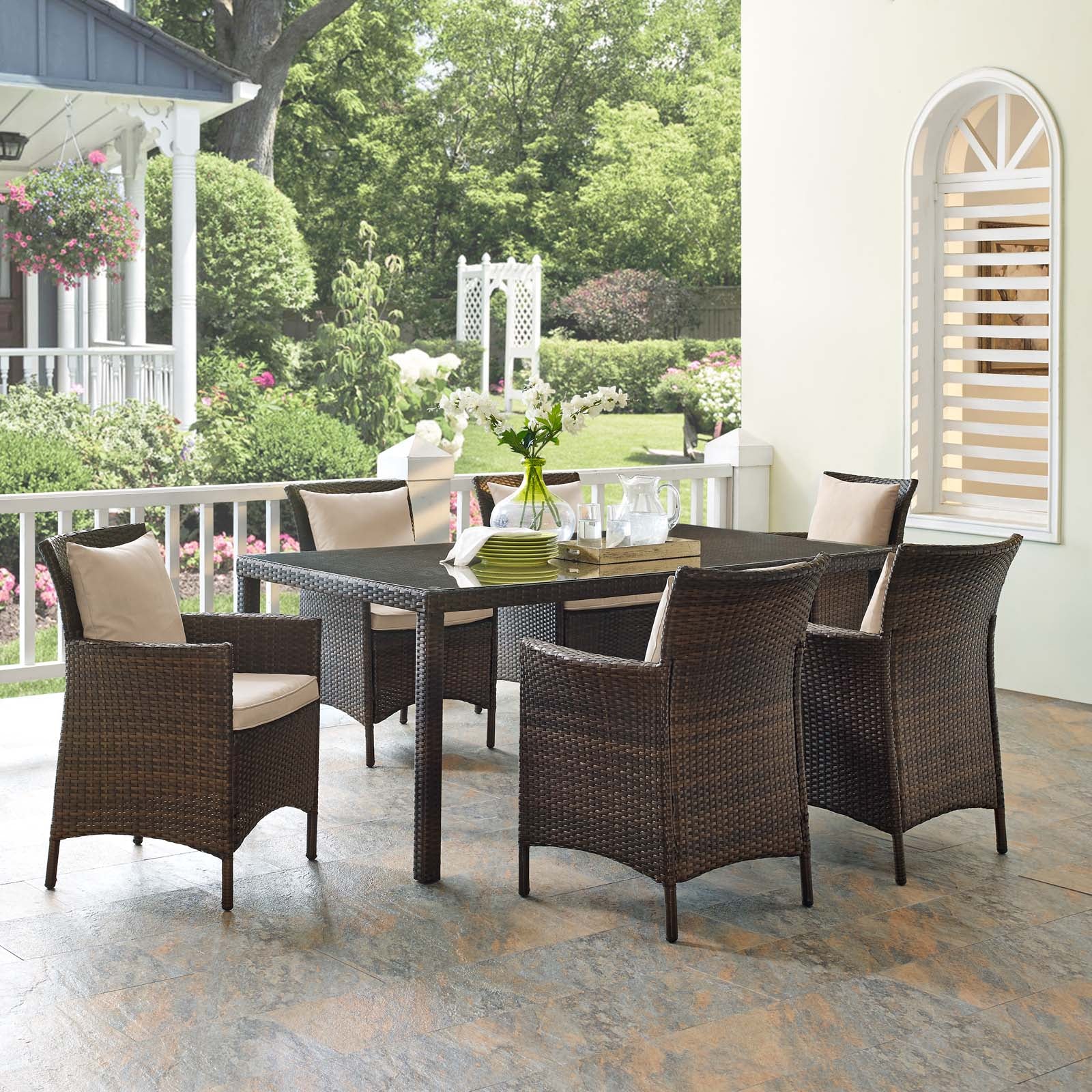Modway Outdoor Dining Sets - Conduit 7 Piece Outdoor Patio Wicker Rattan Dining Set Brown Beige