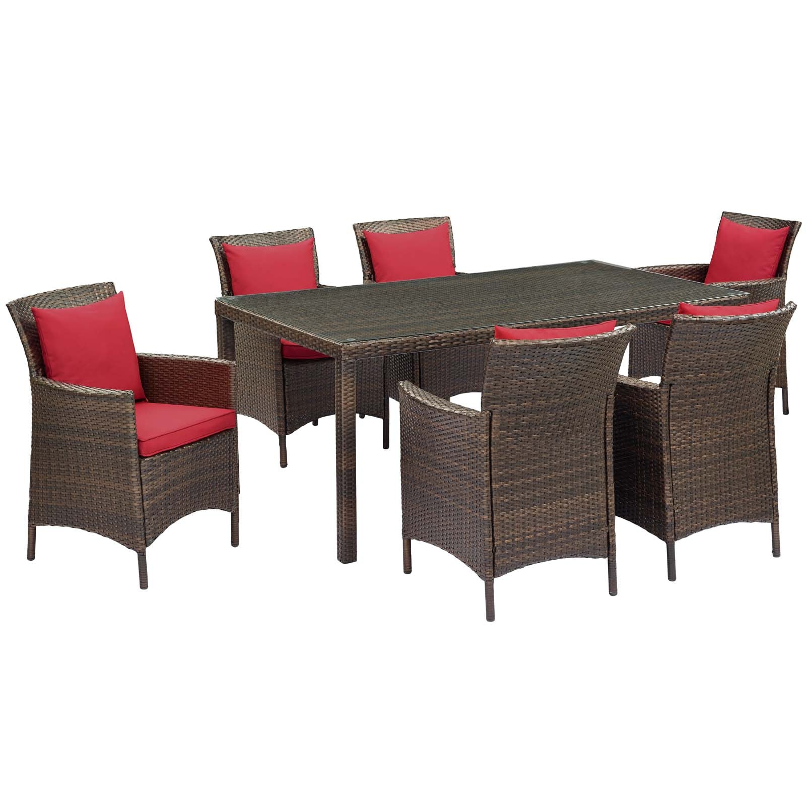 Modway Outdoor Dining Sets - Conduit 7 Piece Outdoor Patio Wicker Rattan Dining Set Brown Red