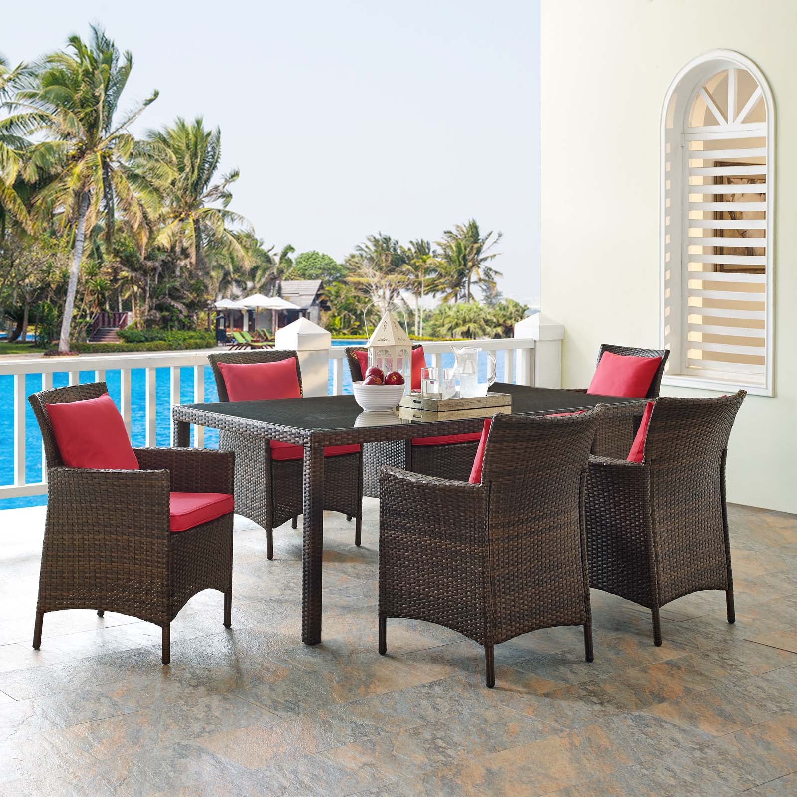Modway Outdoor Dining Sets - Conduit 7 Piece Outdoor Patio Wicker Rattan Dining Set Brown Red