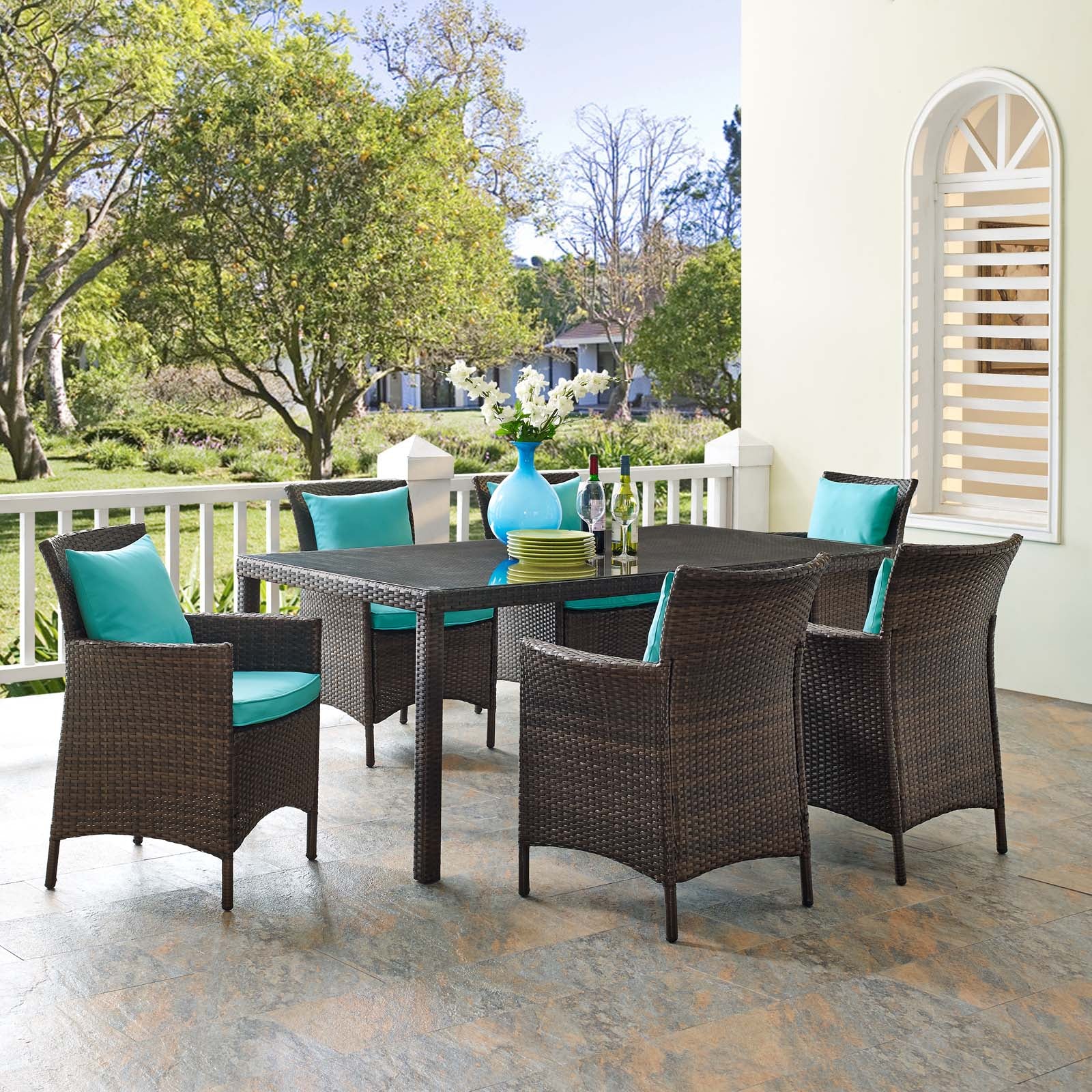 Modway Outdoor Dining Sets - Conduit 7 Piece Outdoor Patio Wicker Rattan Dining Set Brown Turquoise