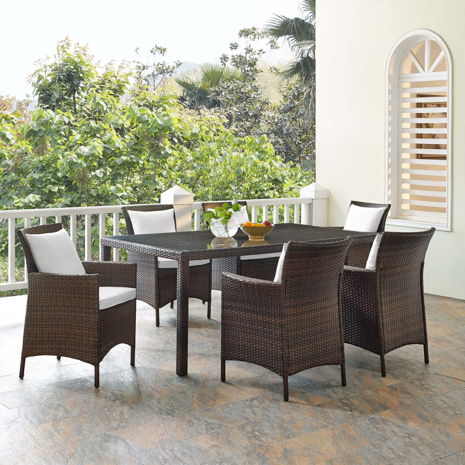 Modway Outdoor Dining Sets - Conduit 7 Piece Outdoor Patio Wicker Rattan Dining Set Brown White