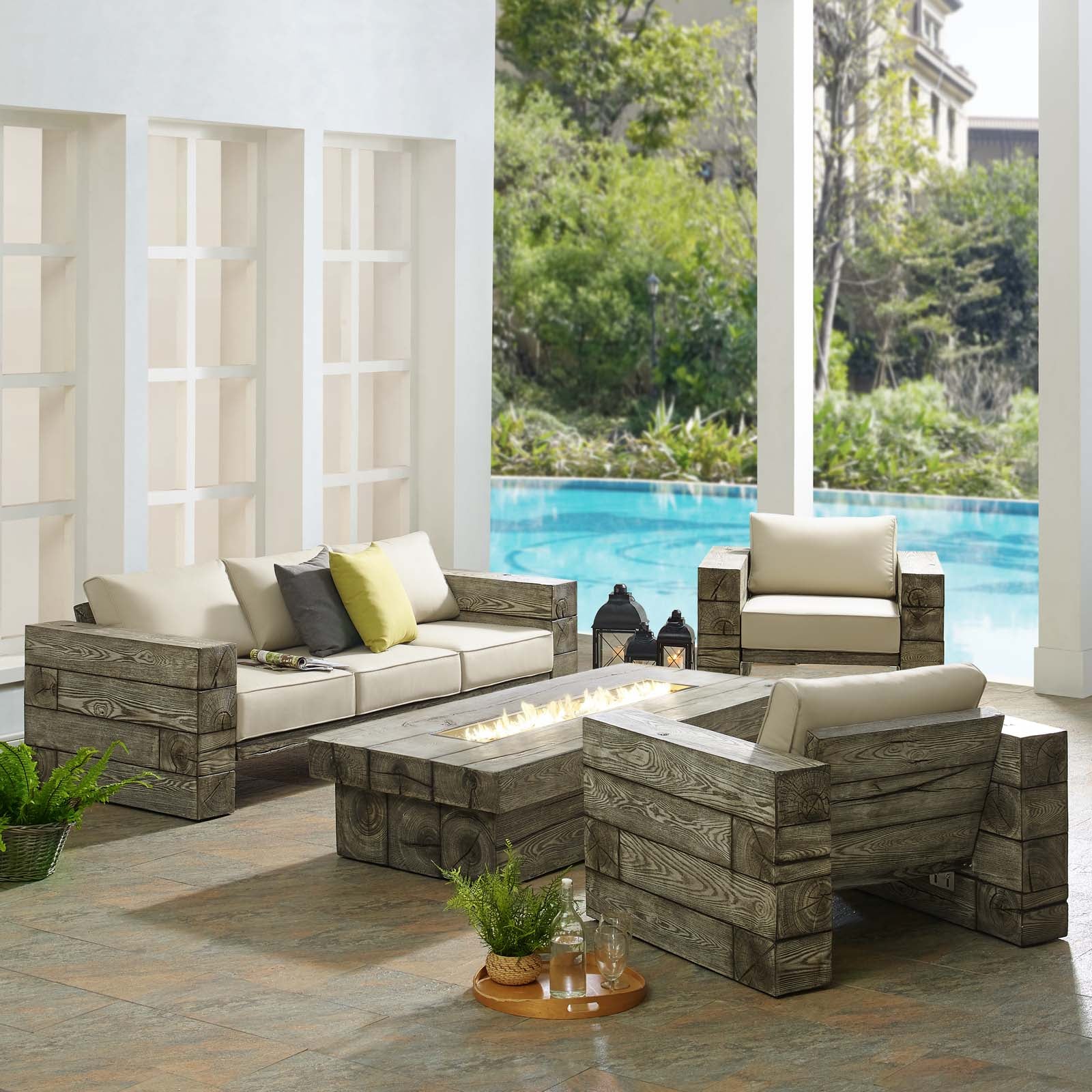 Modway Outdoor Conversation Sets - Manteo Rustic Outdoor Patio Sunbrella 4 Piece Set Light Gray Beige