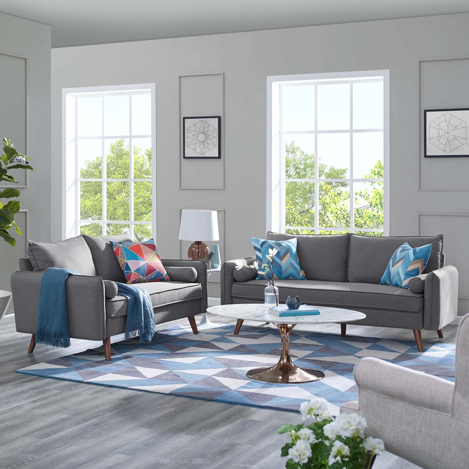 Modway Living Room Sets - Revive Upholstered Fabric Sofa and Loveseat Set Light gray