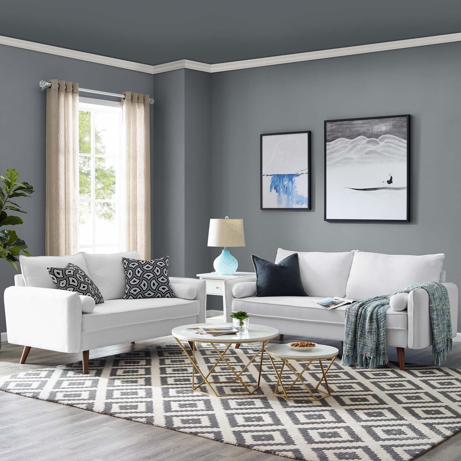 Modway Sofas & Couches - Revive-Upholstered-Fabric-Sofa-and-Loveseat-Set-White