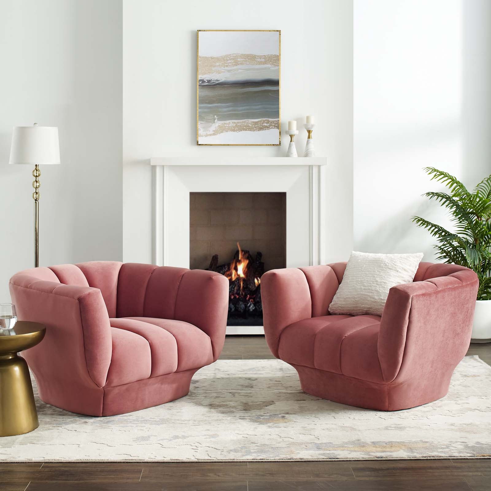 Modway Living Room Sets - Entertain Vertical Channel Tufted Performance Velvet Armchair Set of 2 Dusty Rose