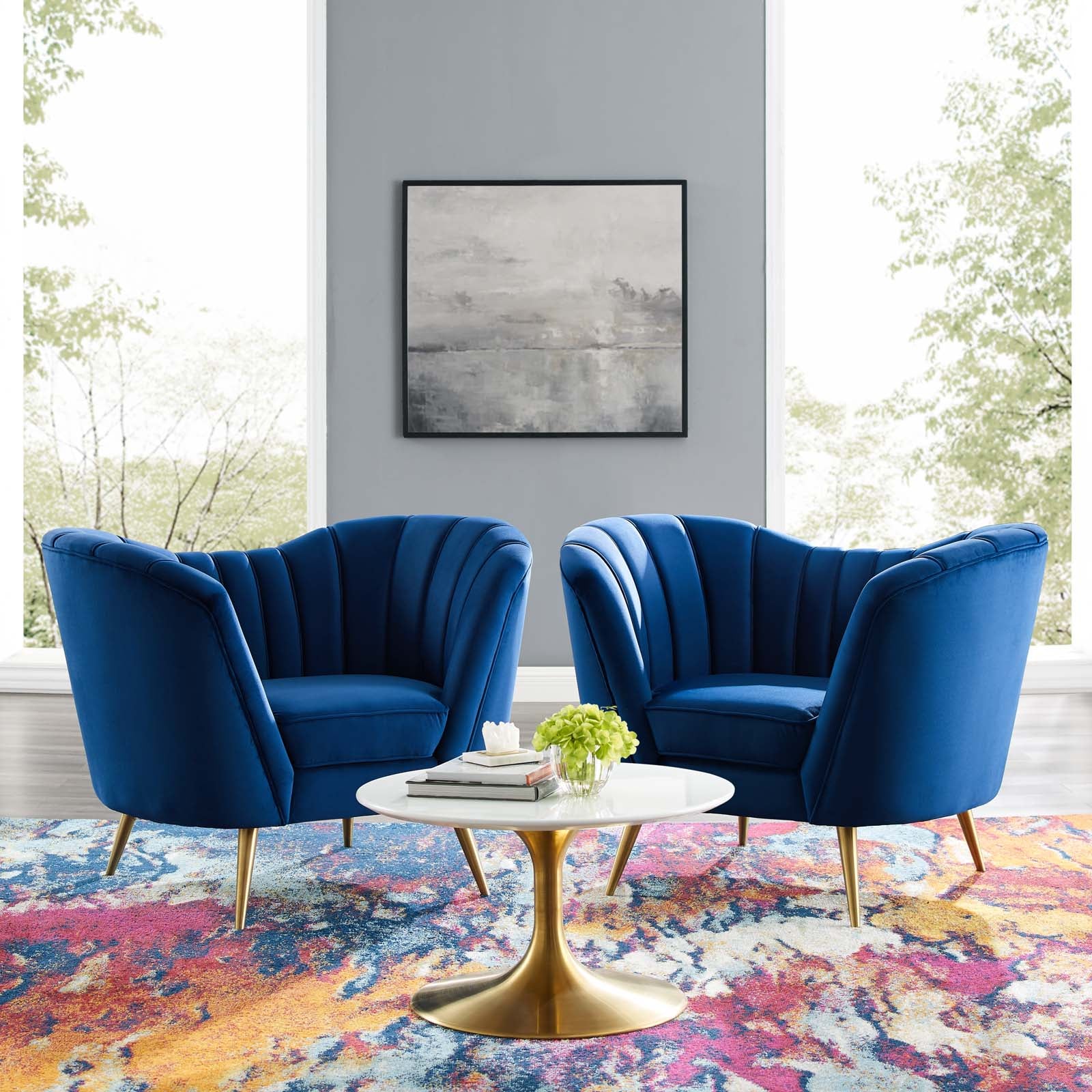 Modway Living Room Sets - Opportunity Performance Velvet Armchair Set of 2 Navy