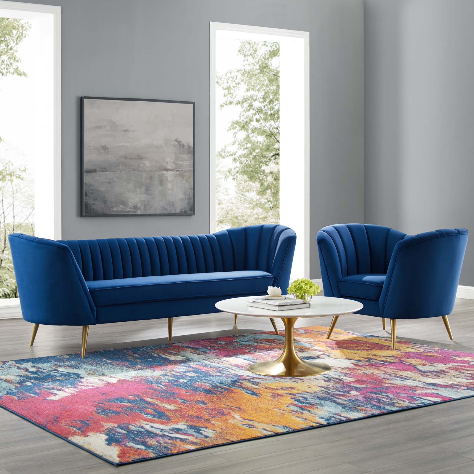 Modway Living Room Sets - Opportunity Performance Velvet Sofa and Armchair Set Navy