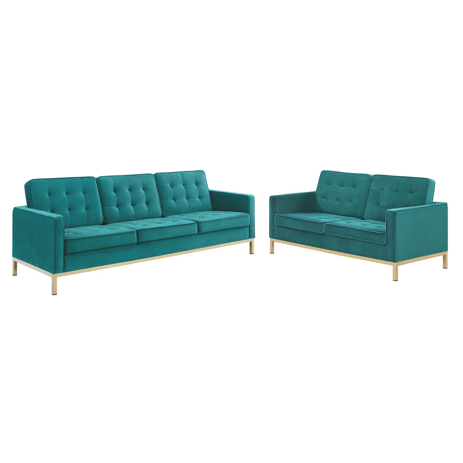 Modway Living Room Sets - Loft Gold Stainless Steel Leg Performance Velvet Sofa and Loveseat Set Gold Teal
