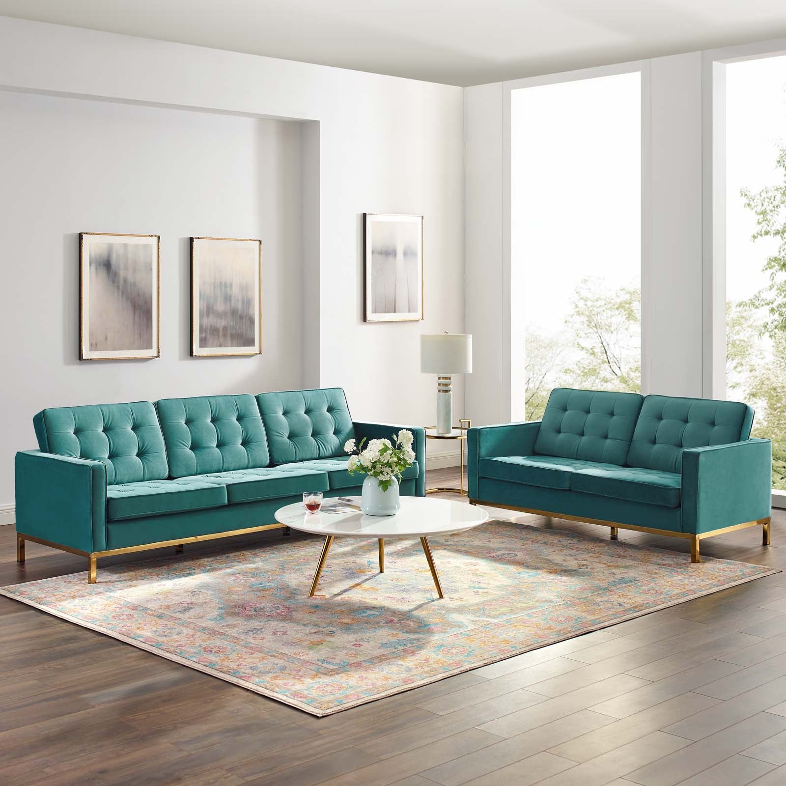 Modway Living Room Sets - Loft Gold Stainless Steel Leg Performance Velvet Sofa and Loveseat Set Gold Teal