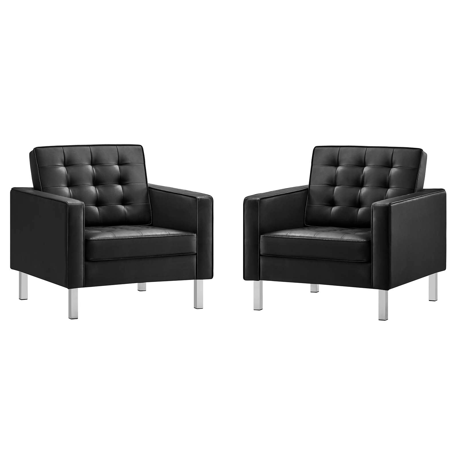 Modway Living Room Sets - Loft Tufted Upholstered Faux Leather Armchair Set of 2 Silver Black