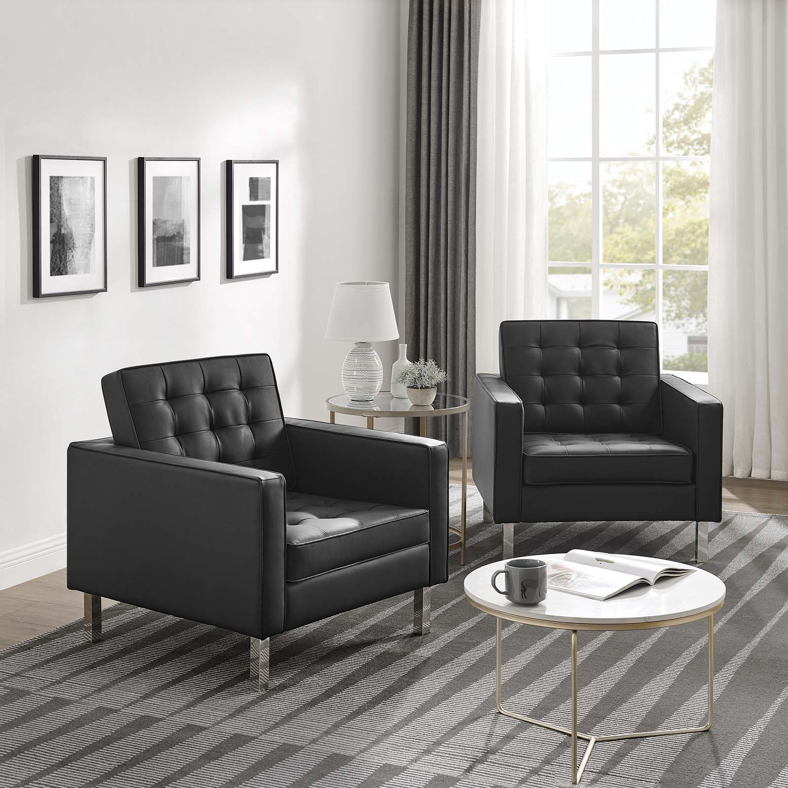 Modway Living Room Sets - Loft Tufted Upholstered Faux Leather Armchair Set of 2 Silver Black