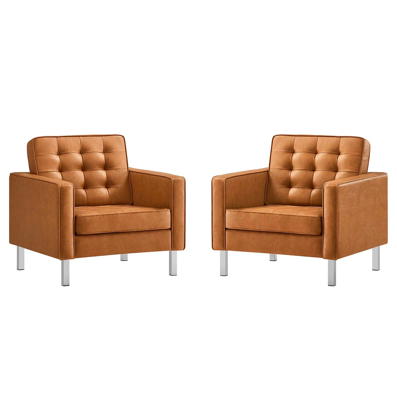 Modway Living Room Sets - Loft Tufted Upholstered Faux Leather Armchair Set of 2 Silver Tan