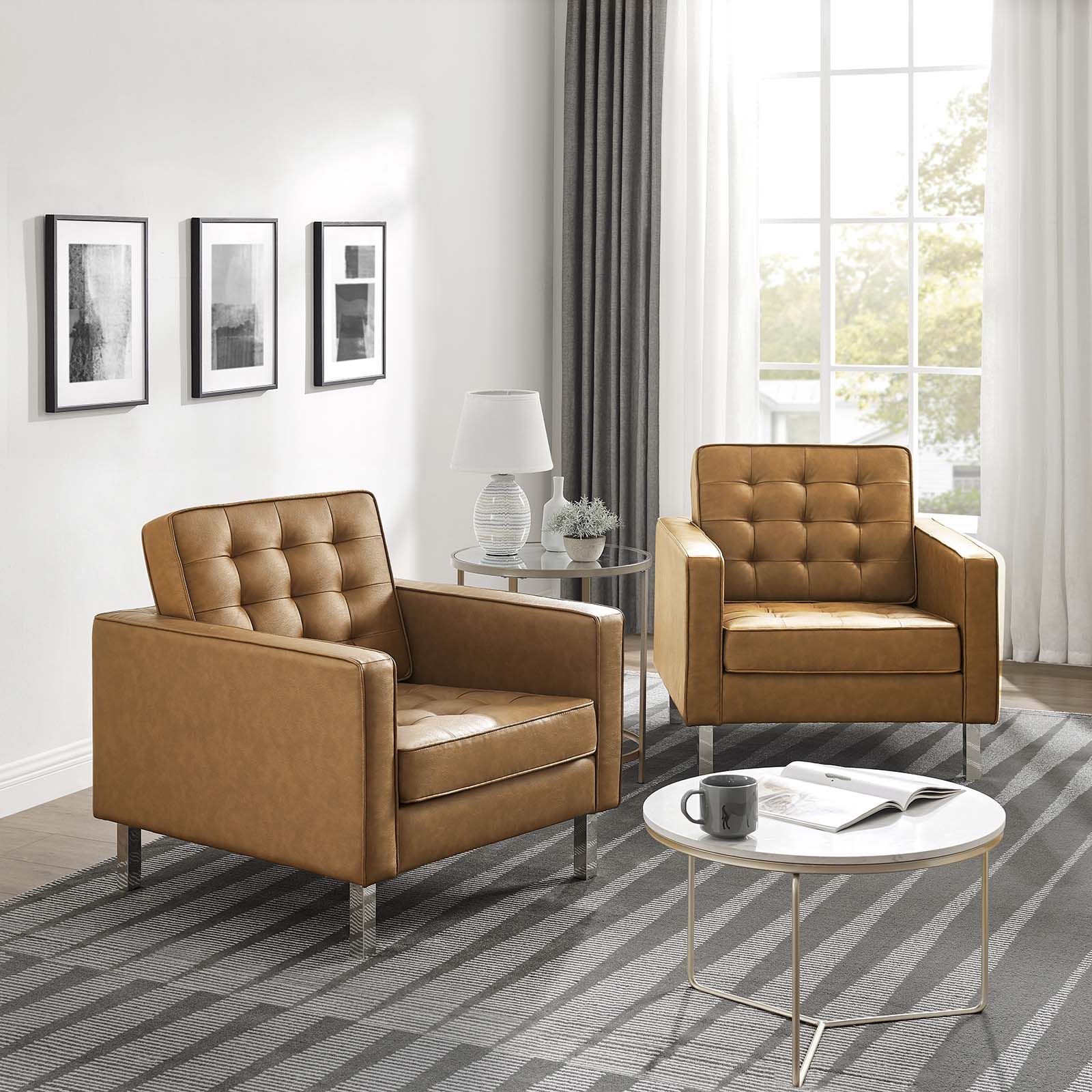 Modway Living Room Sets - Loft Tufted Upholstered Faux Leather Armchair Set of 2 Silver Tan