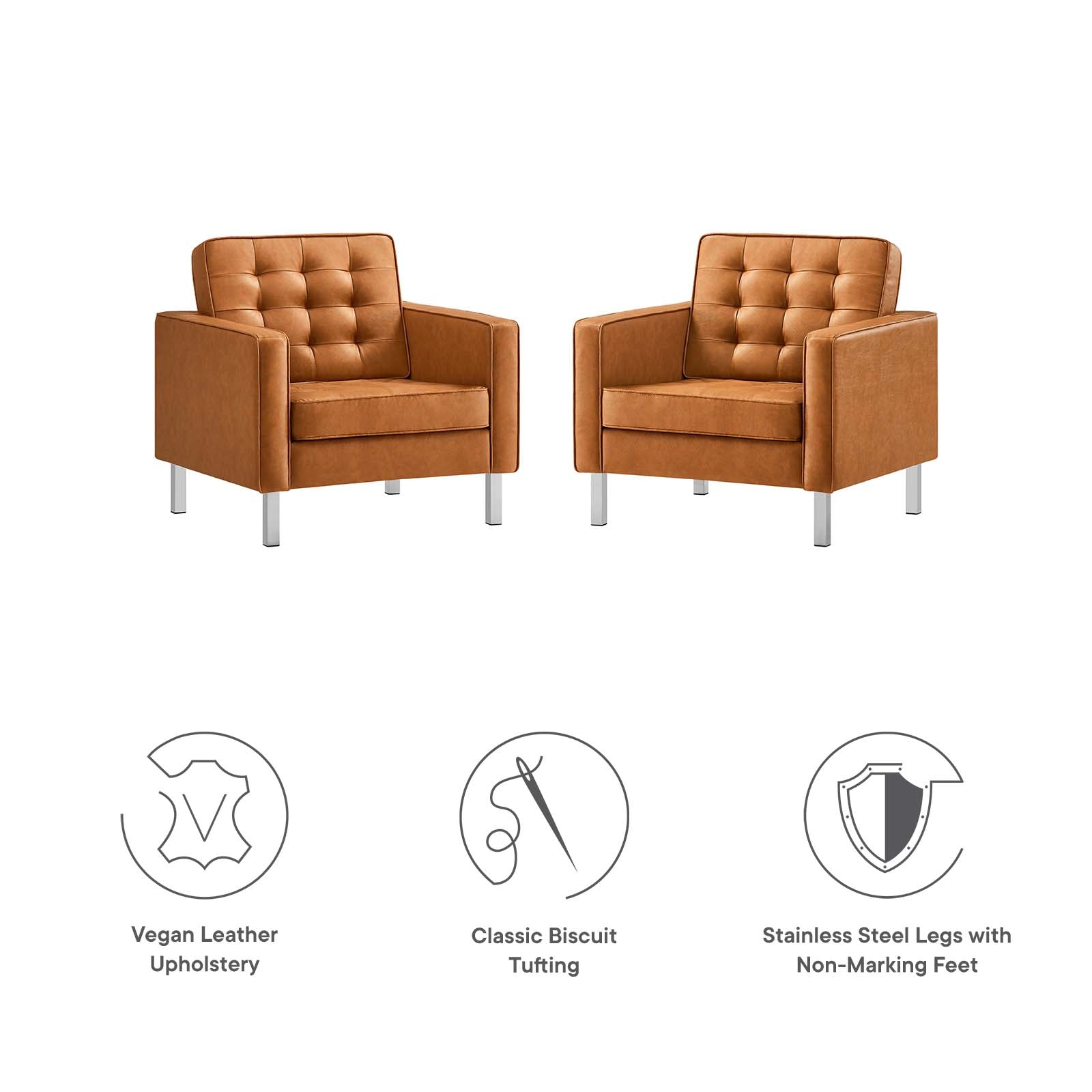 Modway Living Room Sets - Loft Tufted Upholstered Faux Leather Armchair Set of 2 Silver Tan