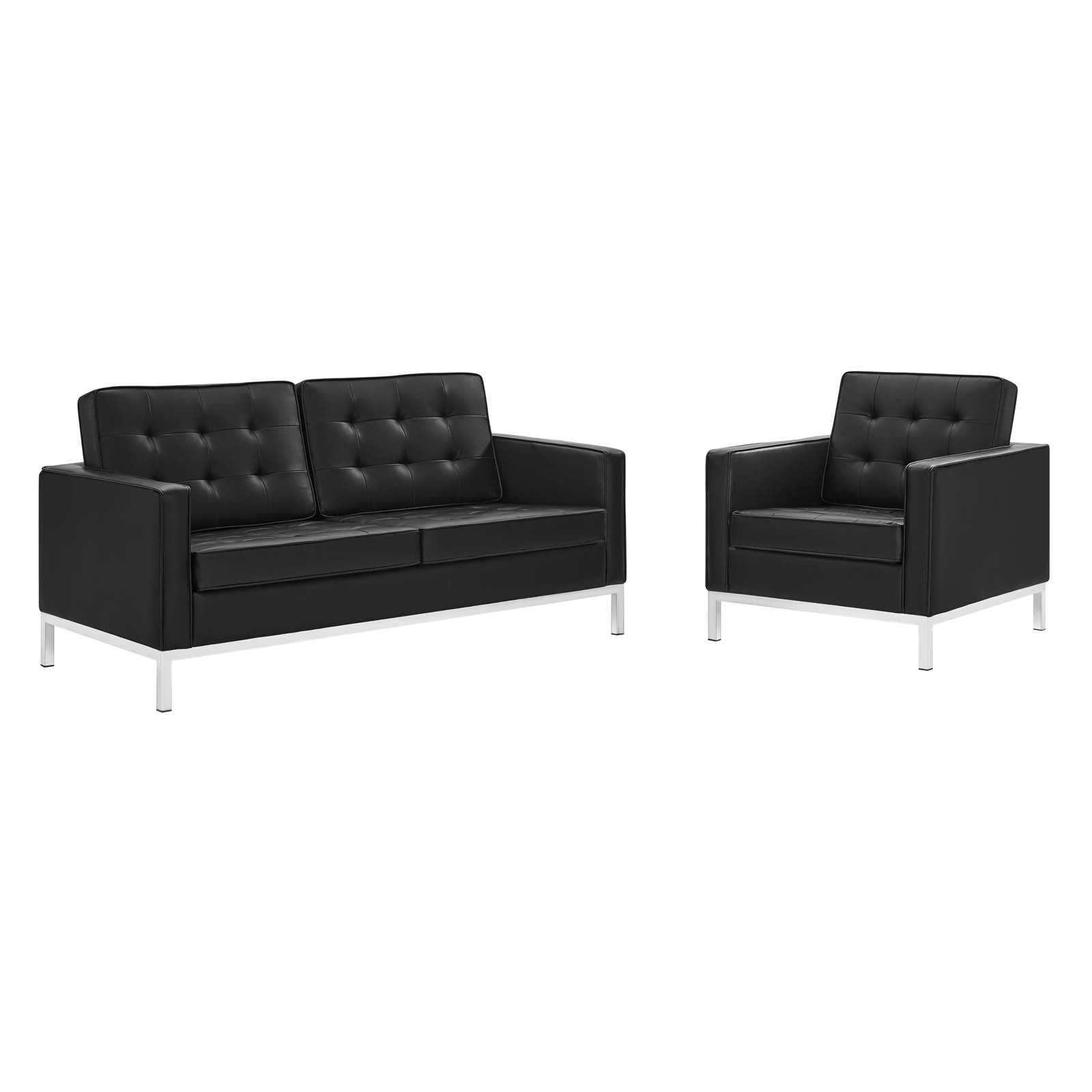 Modway Sofas & Couches - Loft-Tufted-Upholstered-Faux-Leather-Loveseat-and-Armchair-Set-Silver-Black