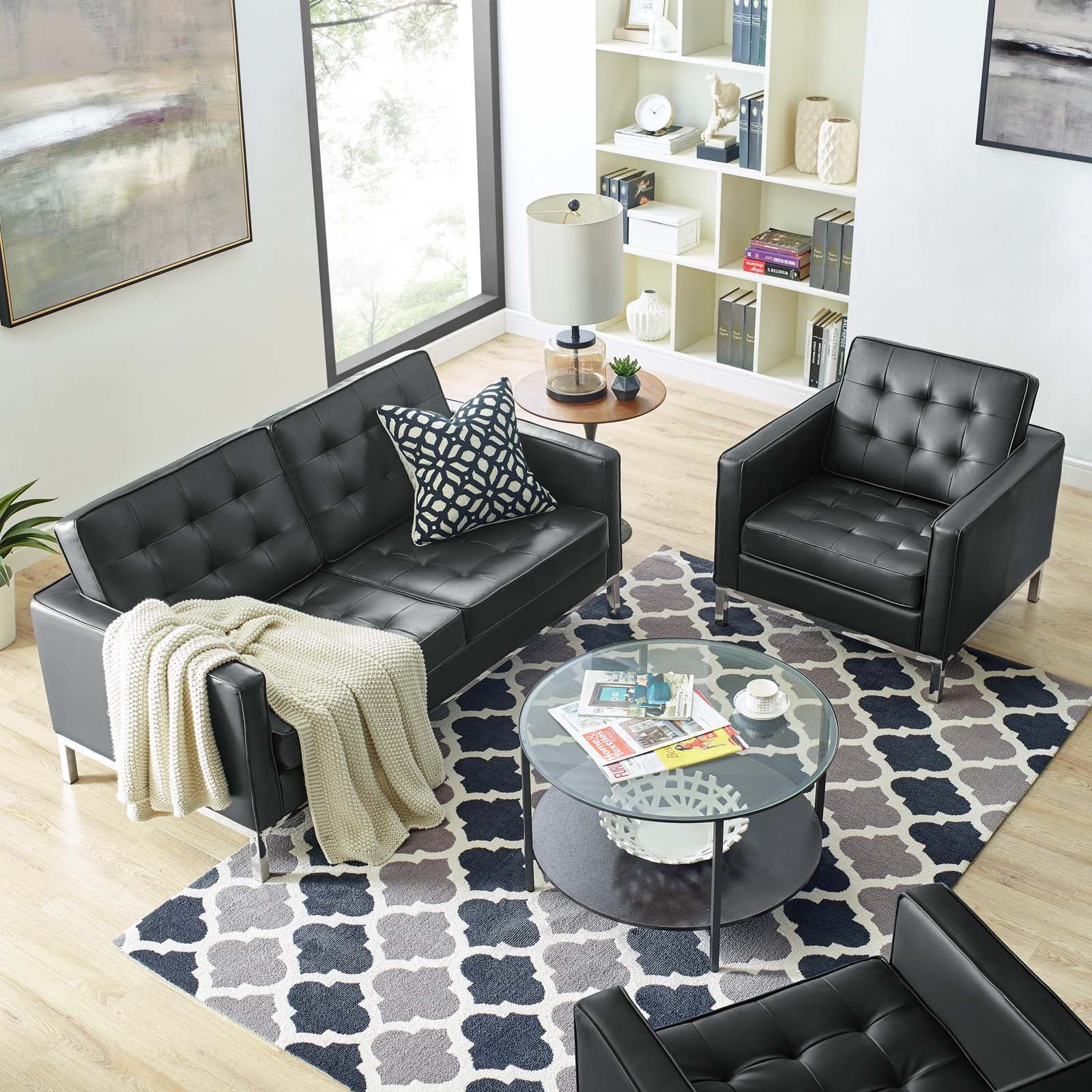 Modway Sofas & Couches - Loft-Tufted-Upholstered-Faux-Leather-Loveseat-and-Armchair-Set-Silver-Black