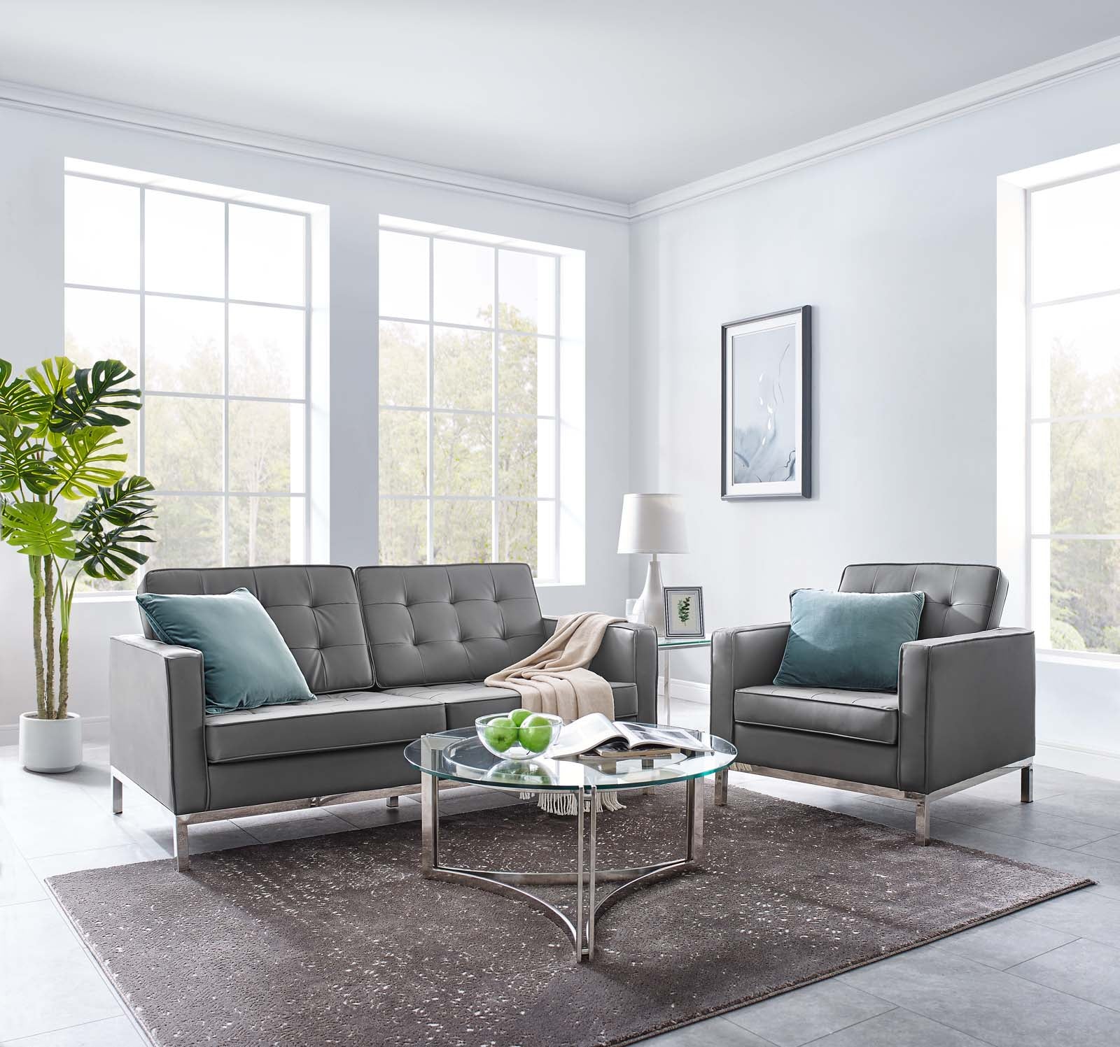 Modway Living Room Sets - Loft Tufted Upholstered Faux Leather Loveseat and Armchair Set Silver Gray