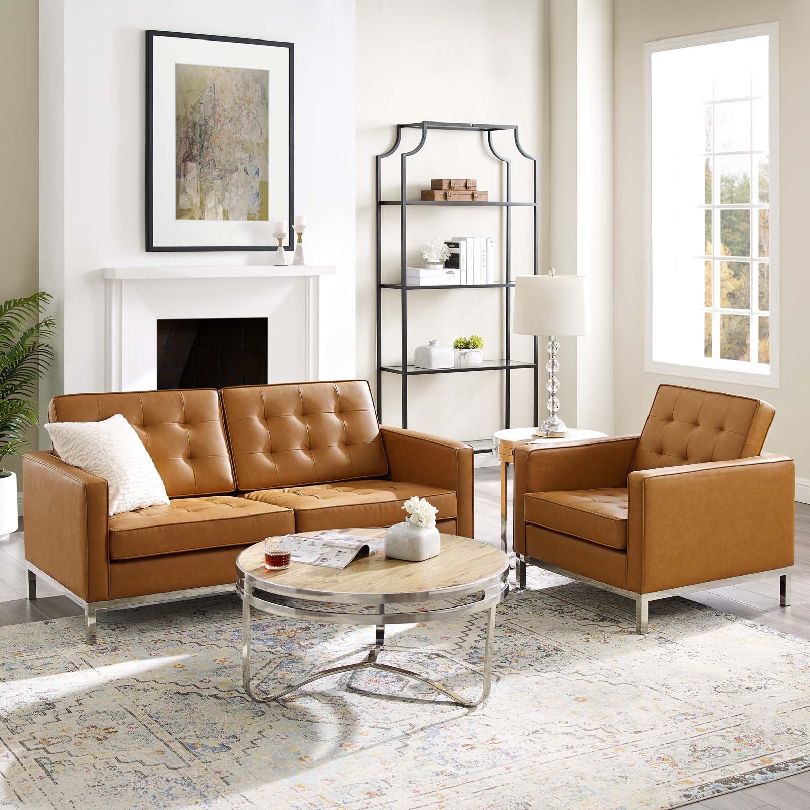Modway Living Room Sets - Loft Tufted Upholstered Faux Leather Loveseat and Armchair Set Silver Tan