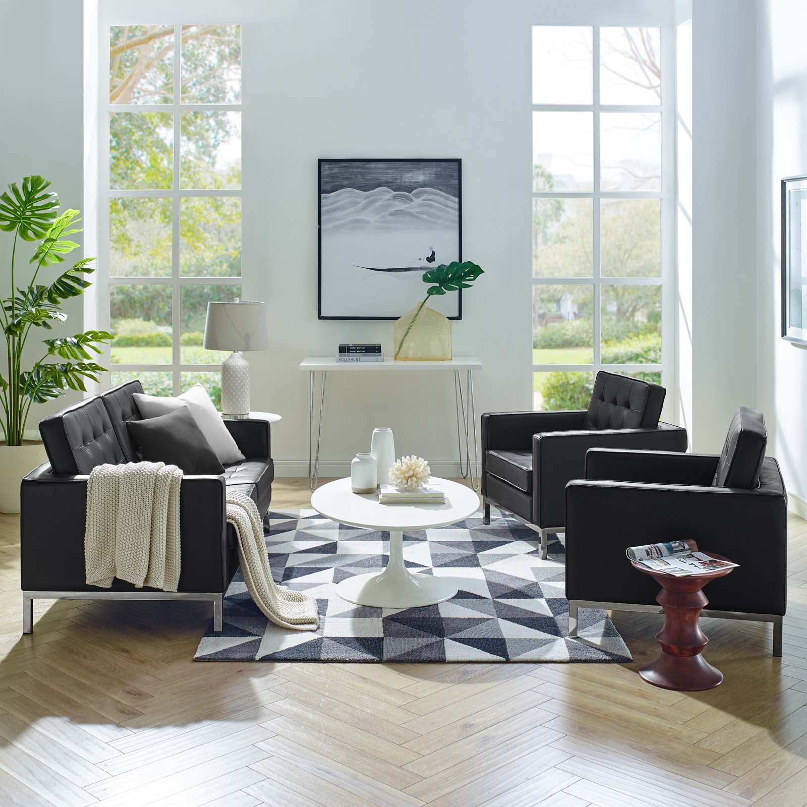 Modway Living Room Sets - Loft-3-Piece-Tufted-Upholstered-Faux-Leather-Set-Silver-Black