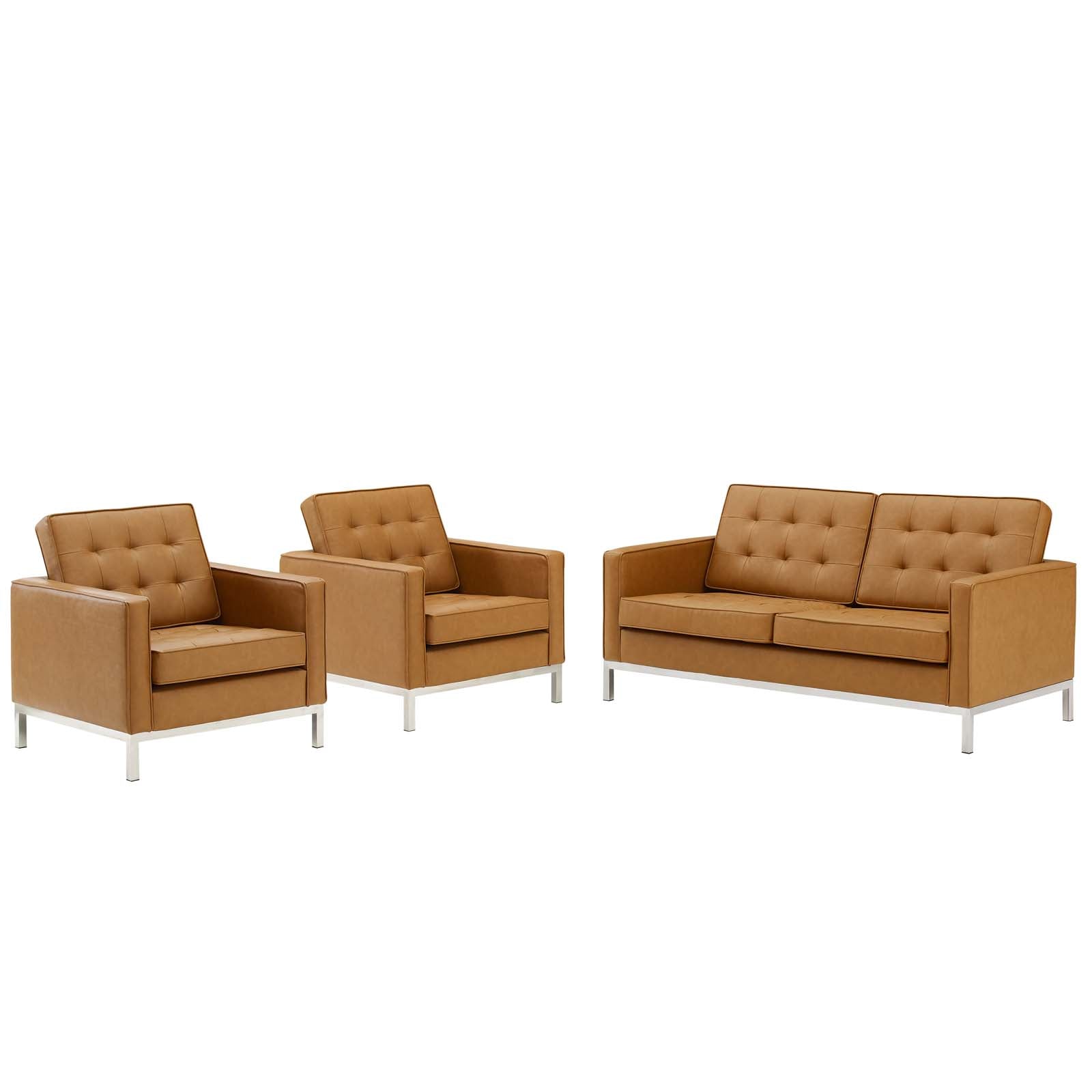 Modway Living Room Sets - Loft 3 Piece Upholstered Faux Leather Set Silver Tan