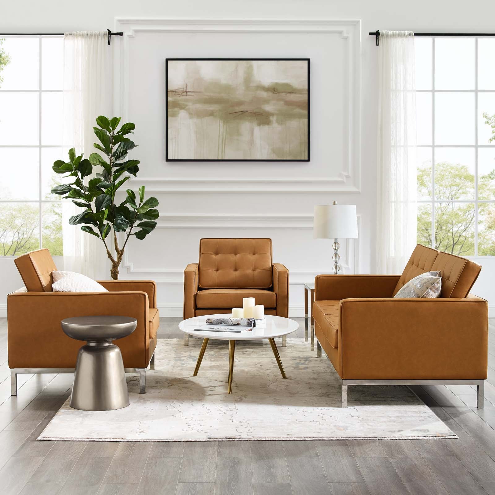 Modway Living Room Sets - Loft 3 Piece Upholstered Faux Leather Set Silver Tan