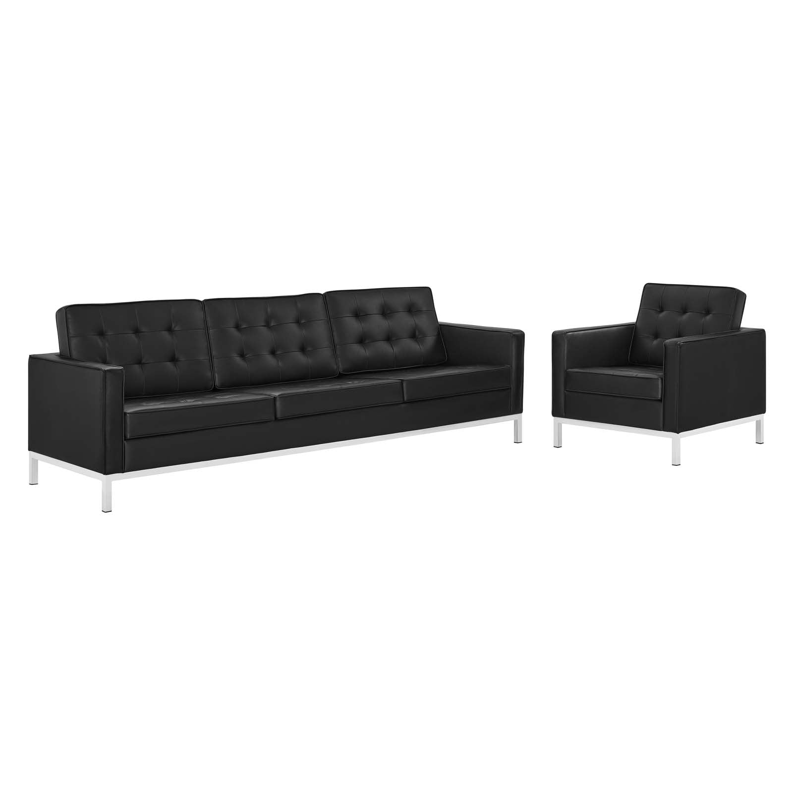 Modway Sofas & Couches - Loft-Tufted-Upholstered-Faux-Leather-Sofa-and-Armchair-Set-Silver-Black