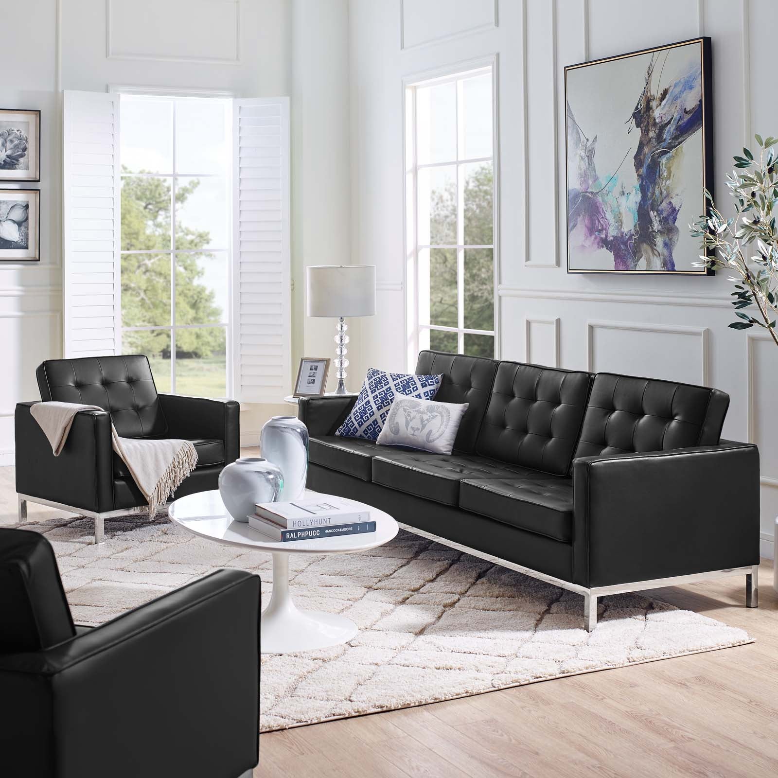 Modway Sofas & Couches - Loft-Tufted-Upholstered-Faux-Leather-Sofa-and-Armchair-Set-Silver-Black
