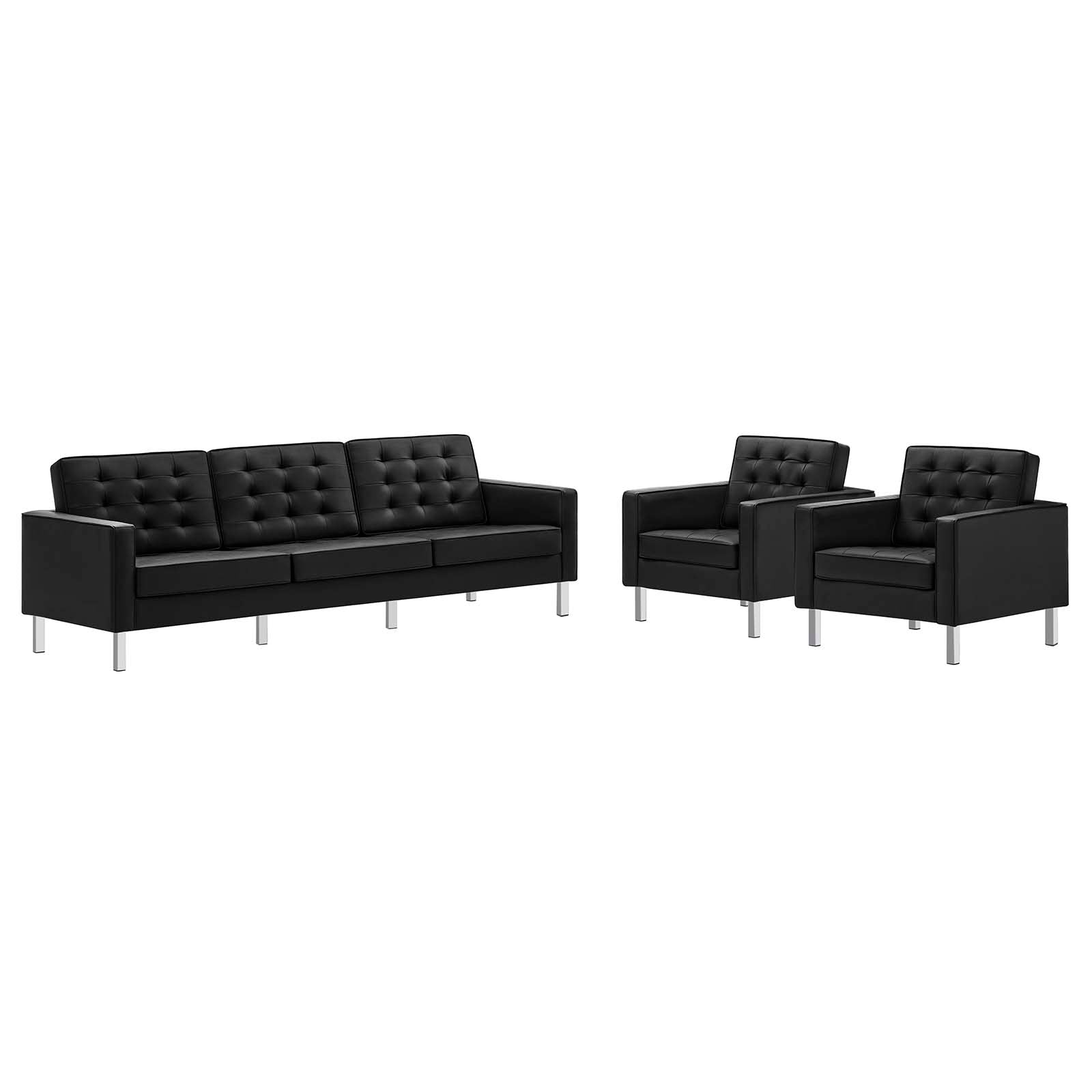 Modway Living Room Sets - Loft-Tufted-Vegan-Leather-3-Piece-Furniture-Set-Silver-Black