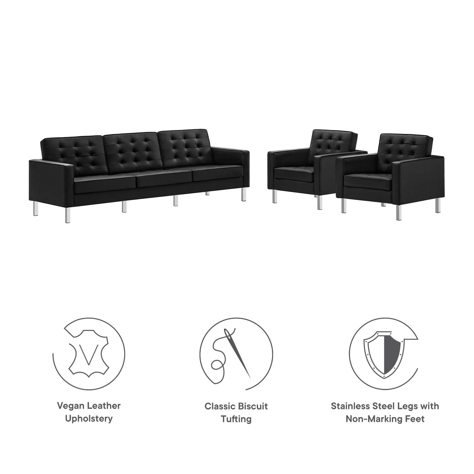 Modway Living Room Sets - Loft-Tufted-Vegan-Leather-3-Piece-Furniture-Set-Silver-Black