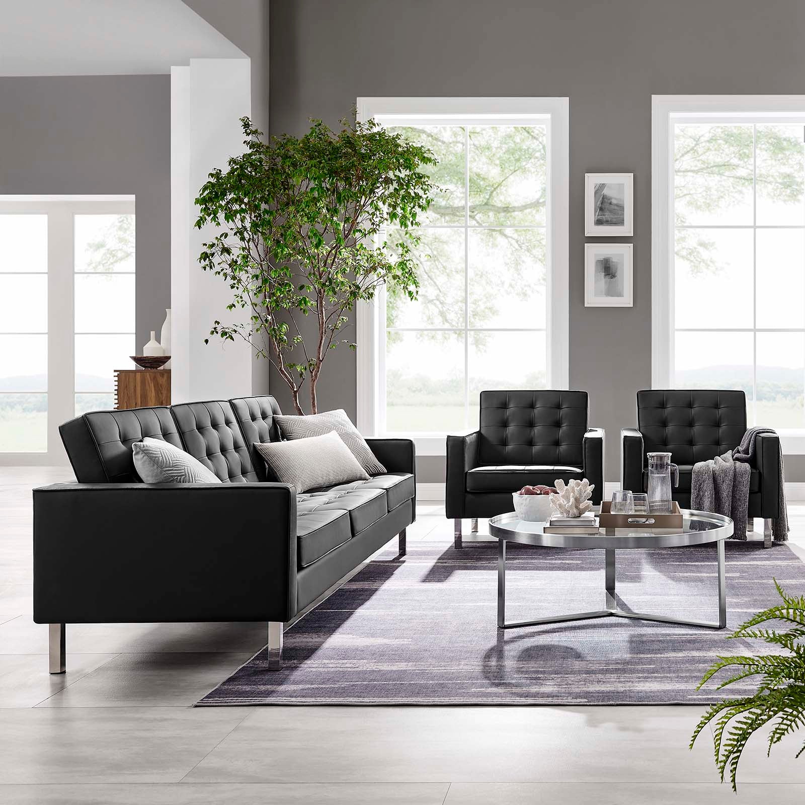 Modway Living Room Sets - Loft-Tufted-Vegan-Leather-3-Piece-Furniture-Set-Silver-Black