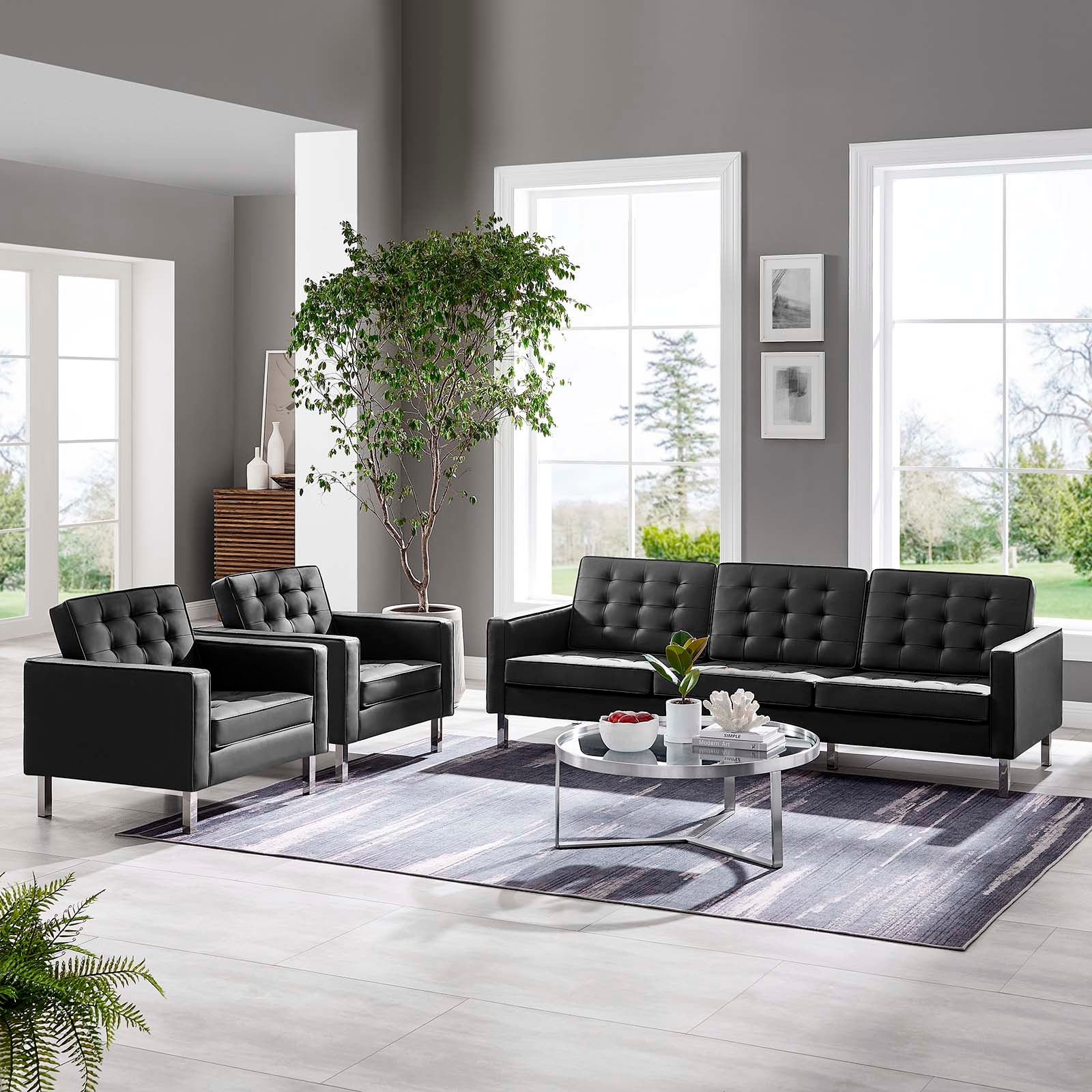 Modway Living Room Sets - Loft-Tufted-Vegan-Leather-3-Piece-Furniture-Set-Silver-Black