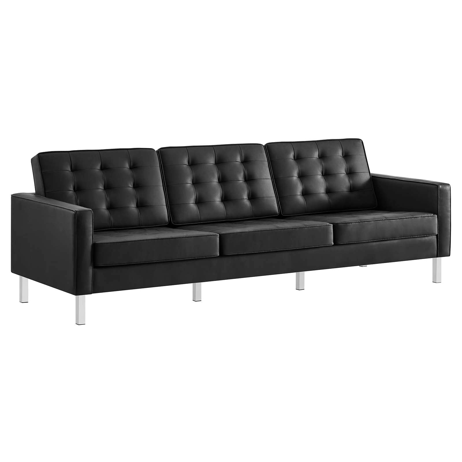 Modway Living Room Sets - Loft-Tufted-Vegan-Leather-3-Piece-Furniture-Set-Silver-Black