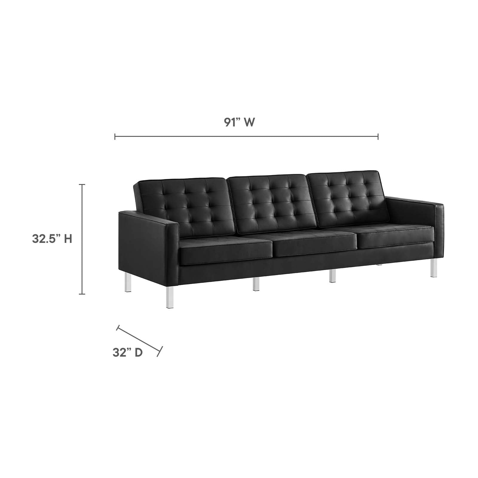 Modway Living Room Sets - Loft-Tufted-Vegan-Leather-3-Piece-Furniture-Set-Silver-Black